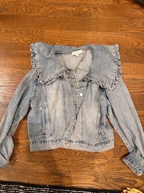Anthropologie Ruffle Collar Denim Jacket- medium petite